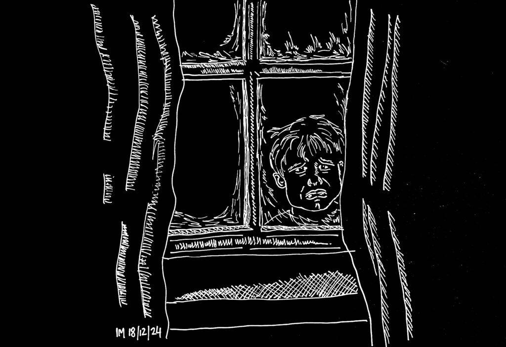 A drawing in white pen on black paper. A sad little boy peers in a frost rimed window.